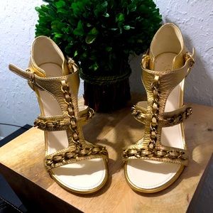 Authentic pre-owned Chanel gold leather heels